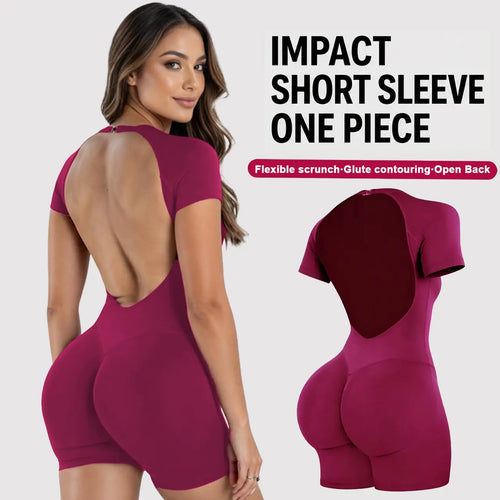 DEEFY Women's Seamless Short Sleeve One-Piece Workout Unitard with Tummy Control and Butt Lifting Features