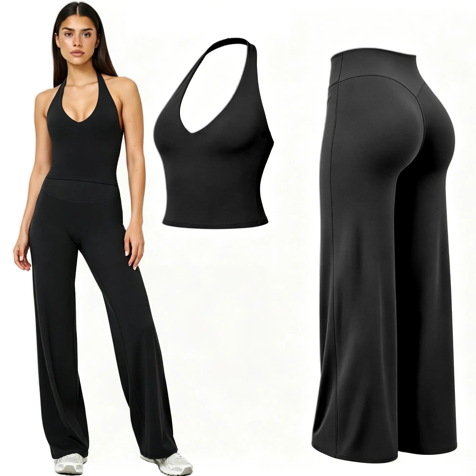 RICH BRIA SOFTMOTION Sports Set, Strappy Tank Top & Wide Leg Pants, Short Sleeve Crop Top , Yoga Sports Vest Workout Tops, Womens Fitness Activewear Gym Fashion Outdoor Gymwear Comfort Straight Leg Yoga Pants Matching Set