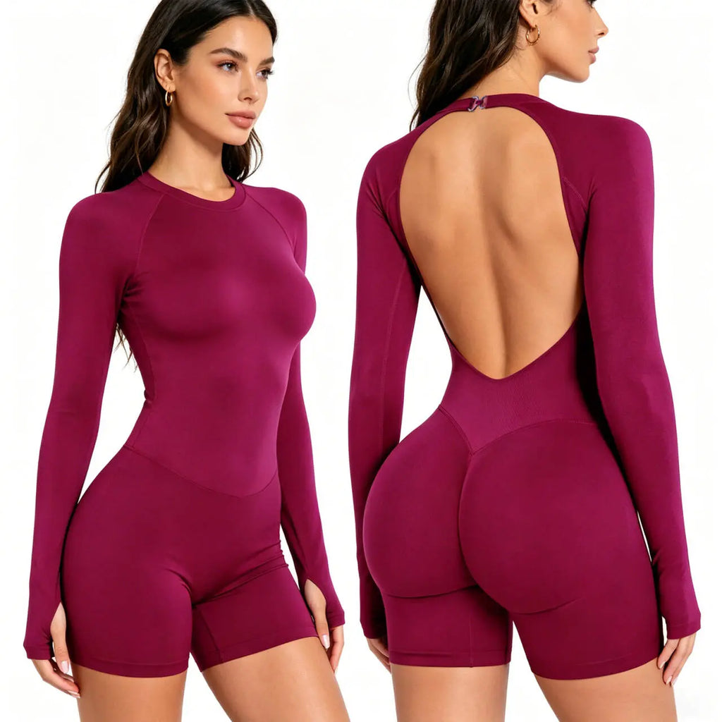 Jetjoy Women's Seamless Long Sleeve Backless Romper with Removable Sports Padding and Tummy Control for Yoga and Gym Workouts
