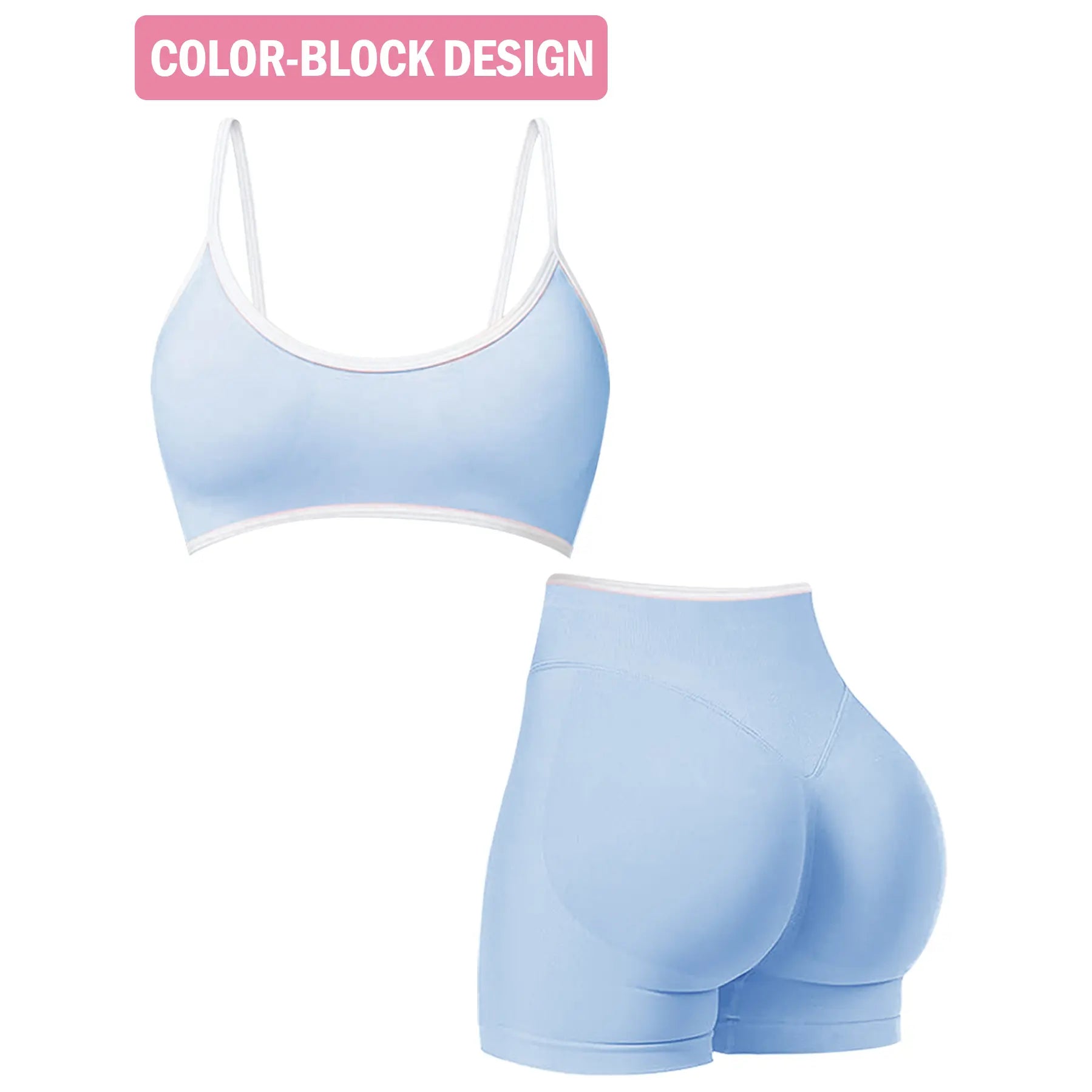 Jetjoy Women's 2-Piece Seamless Color Block Workout Set with Sports Bra and High Waist Scrunch Butt Lifting Shorts