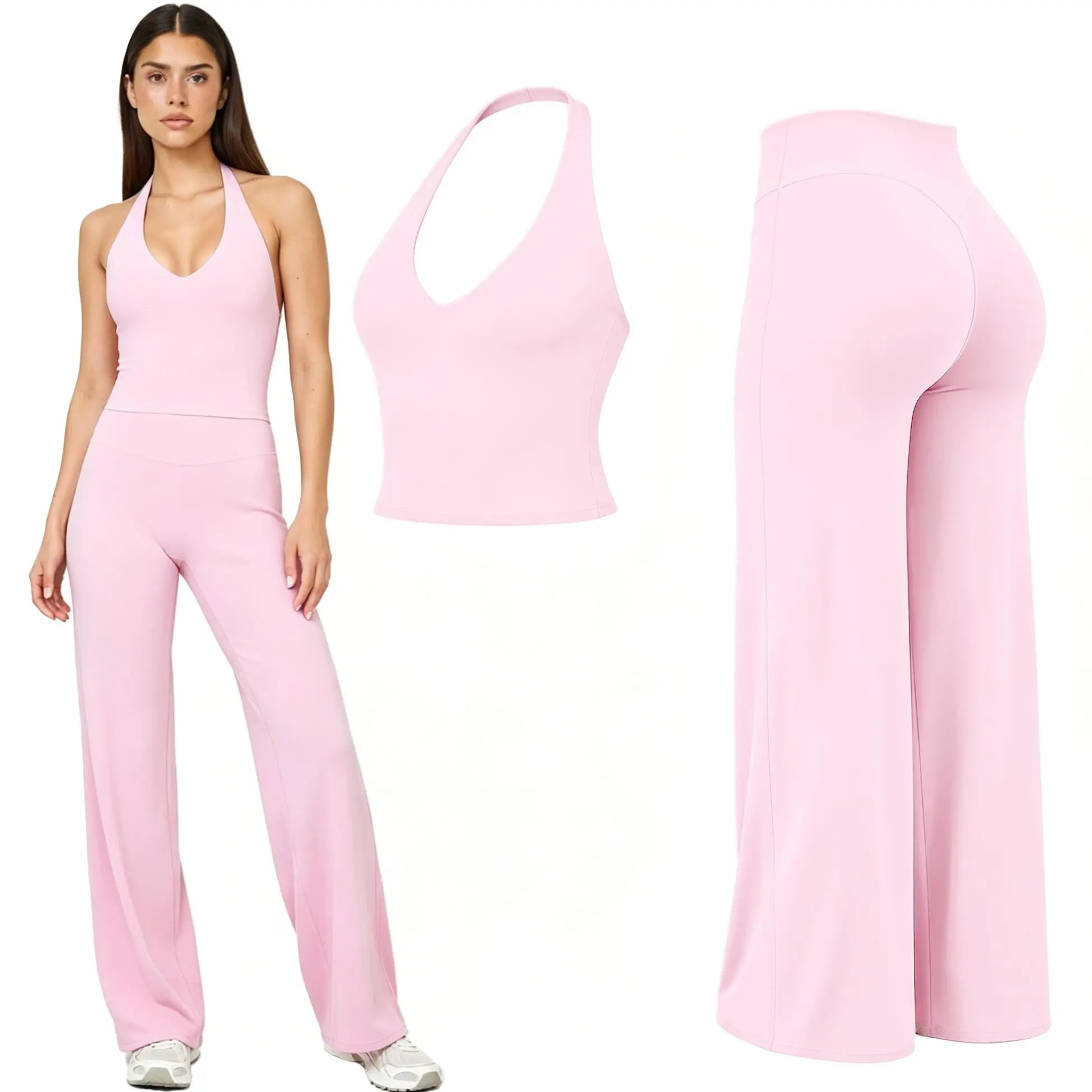 RICH BRIA SOFTMOTION Sports Set, Strappy Tank Top & Wide Leg Pants, Short Sleeve Crop Top , Yoga Sports Vest Workout Tops, Womens Fitness Activewear Gym Fashion Outdoor Gymwear Comfort Straight Leg Yoga Pants Matching Set
