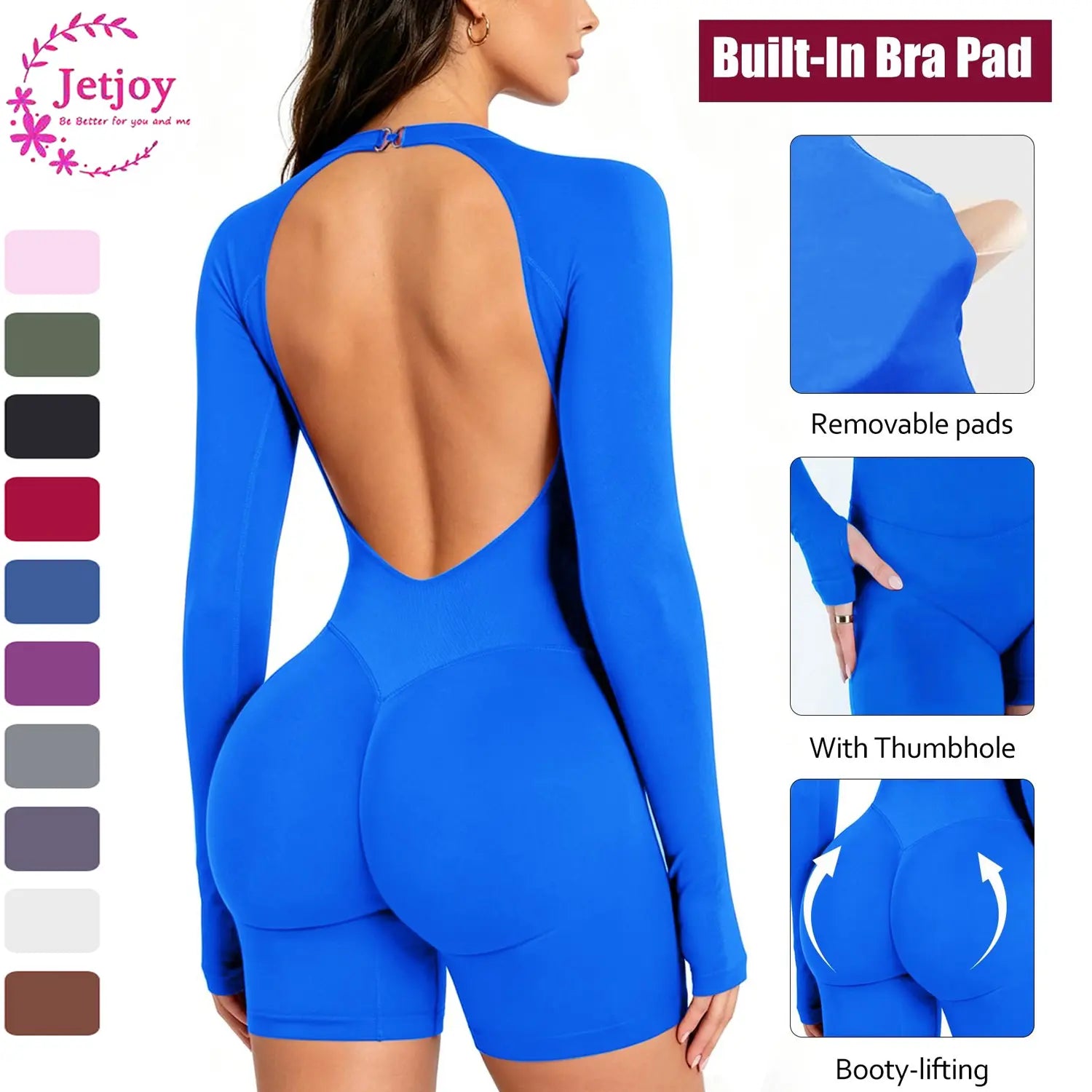 Jetjoy Women's Seamless Long Sleeve Backless Romper with Removable Sports Padding and Tummy Control for Yoga and Gym Workouts