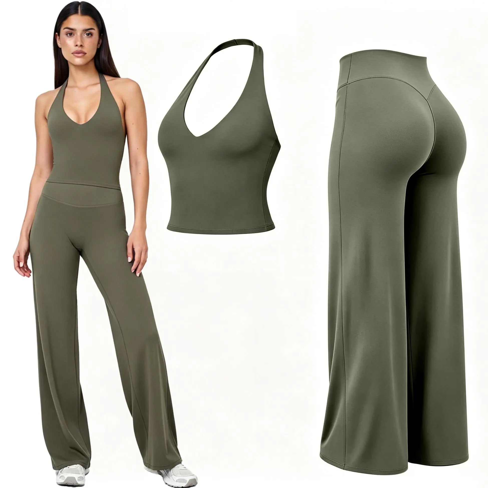 RICH BRIA SOFTMOTION Sports Set, Strappy Tank Top & Wide Leg Pants, Short Sleeve Crop Top , Yoga Sports Vest Workout Tops, Womens Fitness Activewear Gym Fashion Outdoor Gymwear Comfort Straight Leg Yoga Pants Matching Set