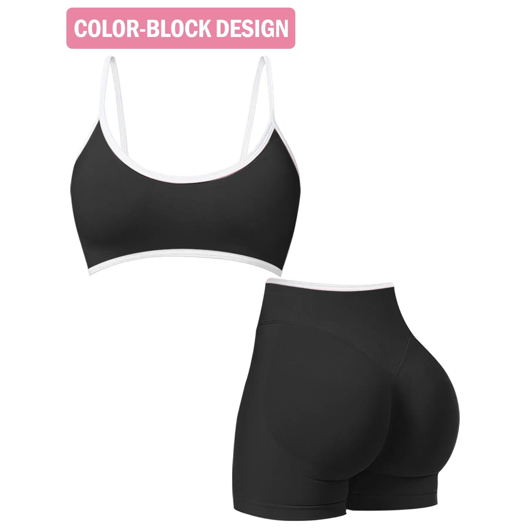 Jetjoy Women's 2-Piece Seamless Color Block Workout Set with Sports Bra and High Waist Scrunch Butt Lifting Shorts