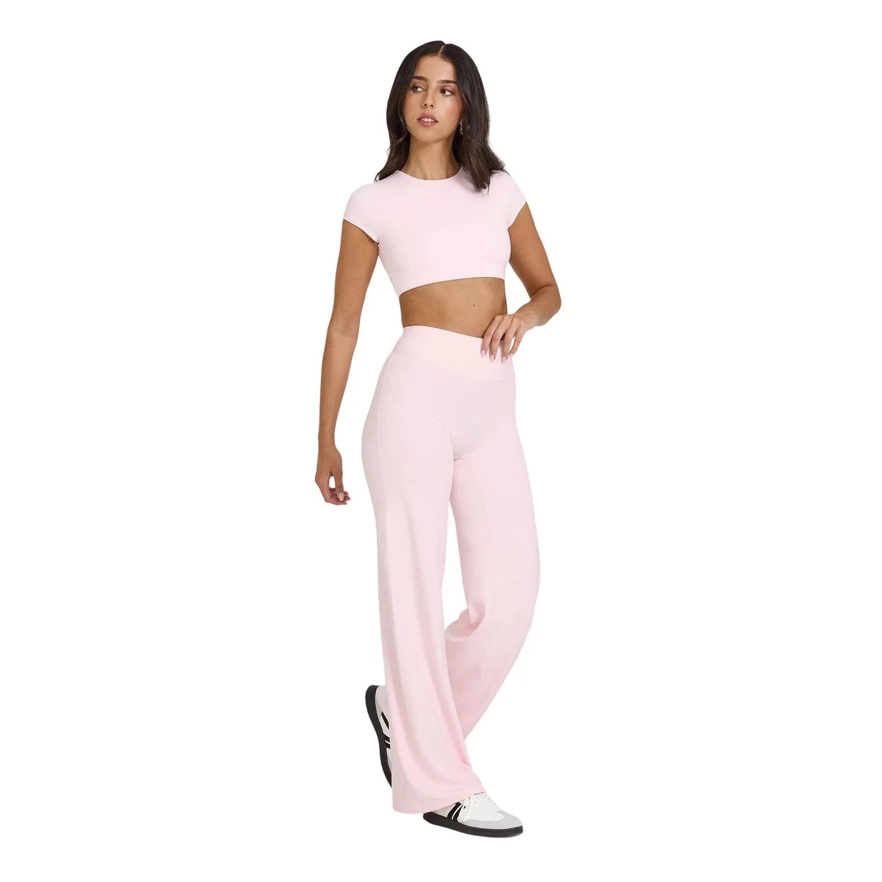 RICH BRIA SOFTMOTION Sports Set, Strappy Tank Top & Wide Leg Pants, Short Sleeve Crop Top , Yoga Sports Vest Workout Tops, Womens Fitness Activewear Gym Fashion Outdoor Gymwear Comfort Straight Leg Yoga Pants Matching Set