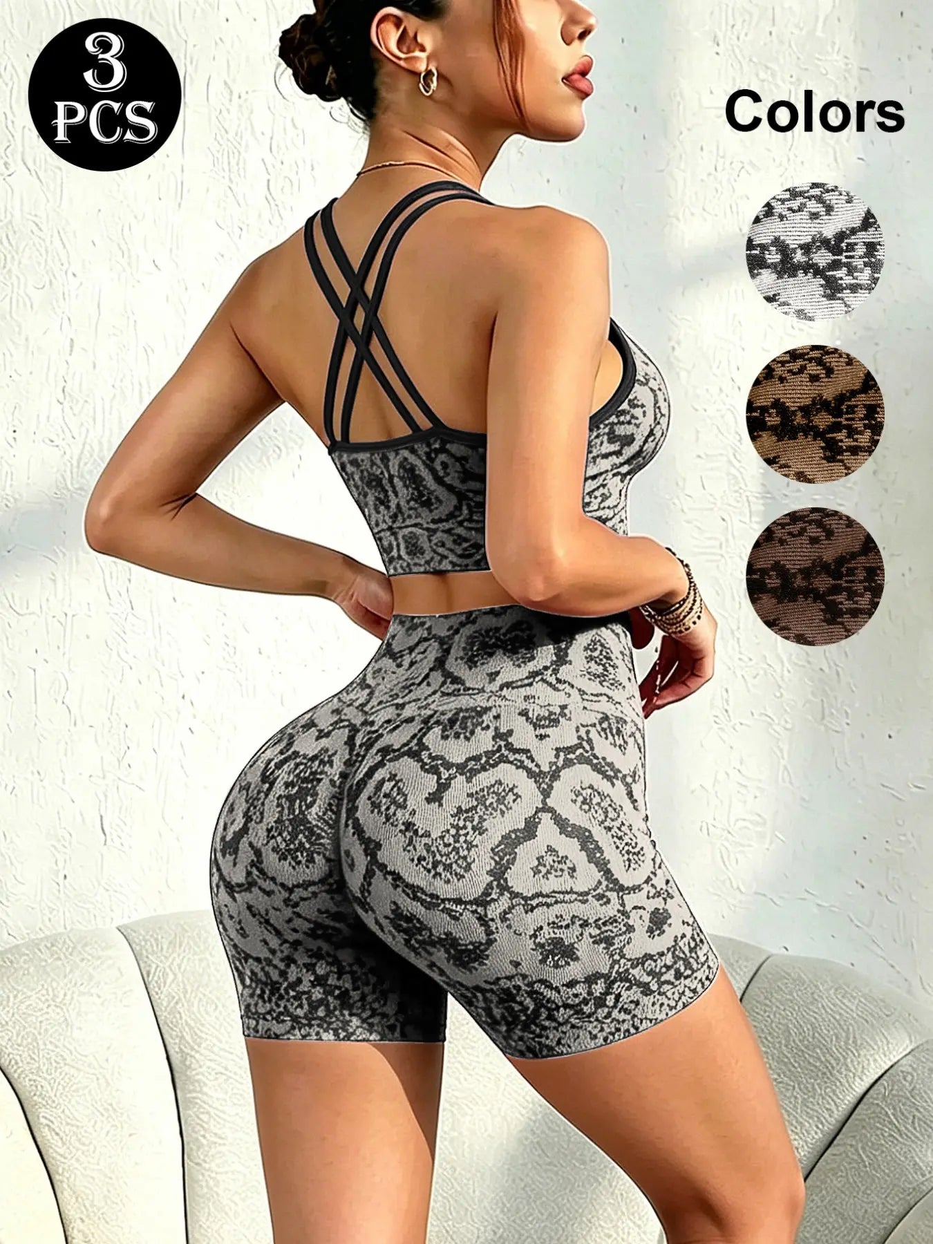 Seamless Snakeskin Yoga Ensemble with High Waist Butt Lifter, Thin Straps Back Design, Full Coverage Push-Up Bra, Versatile All-Season Athleisure Activewear Set
