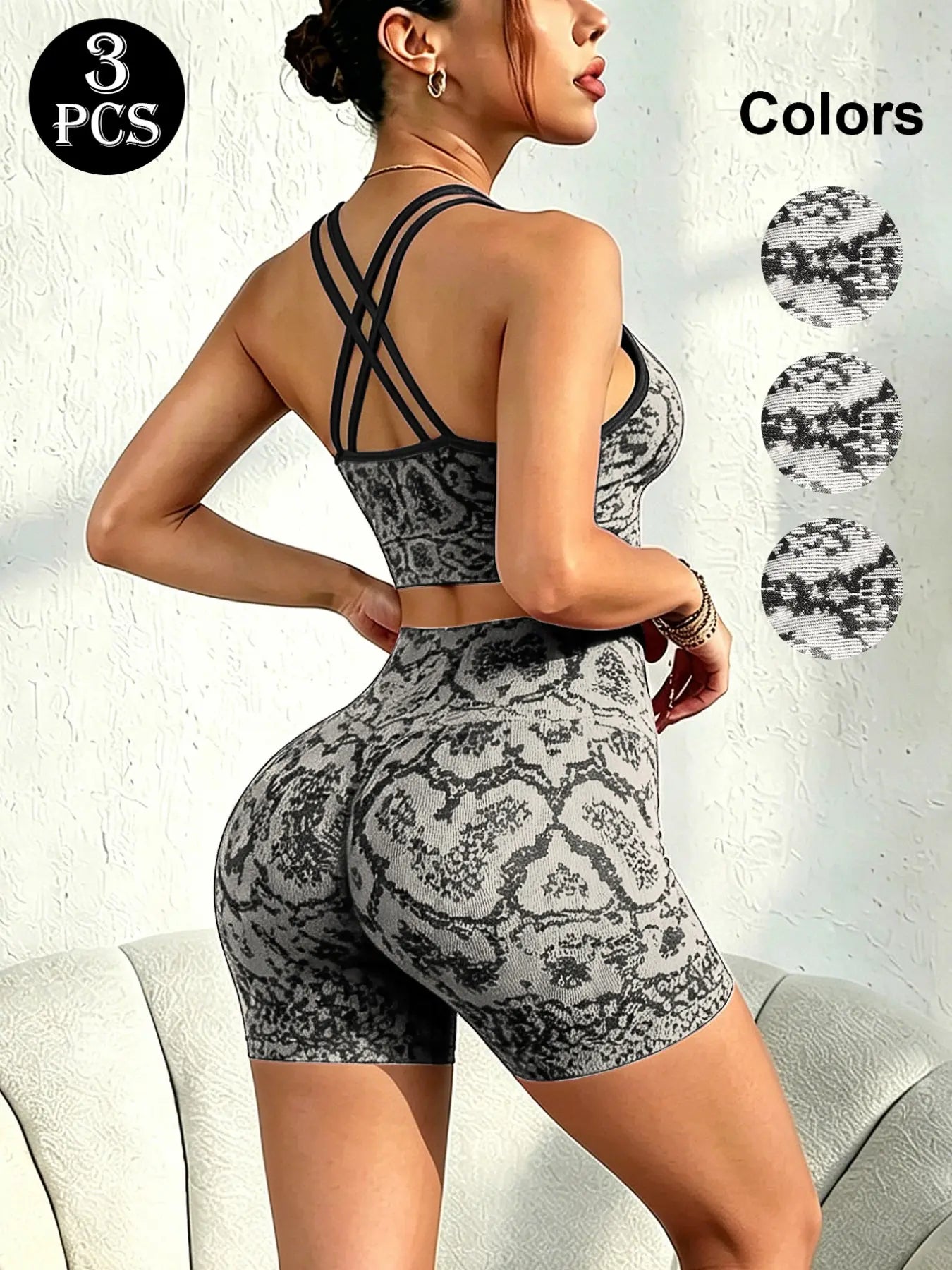 Seamless Snakeskin Yoga Ensemble with High Waist Butt Lifter, Thin Straps Back Design, Full Coverage Push-Up Bra, Versatile All-Season Athleisure Activewear Set