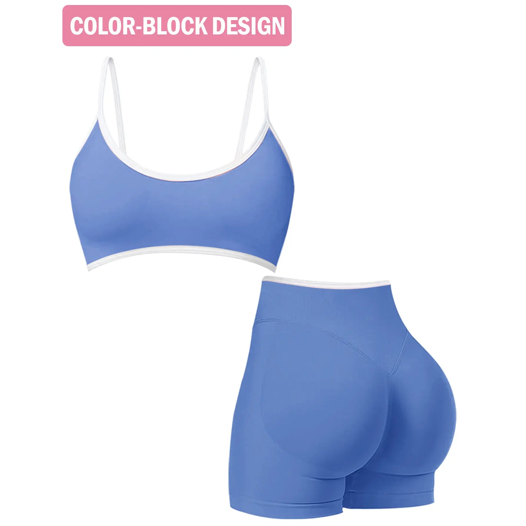 Jetjoy Women's 2-Piece Seamless Color Block Workout Set with Sports Bra and High Waist Scrunch Butt Lifting Shorts