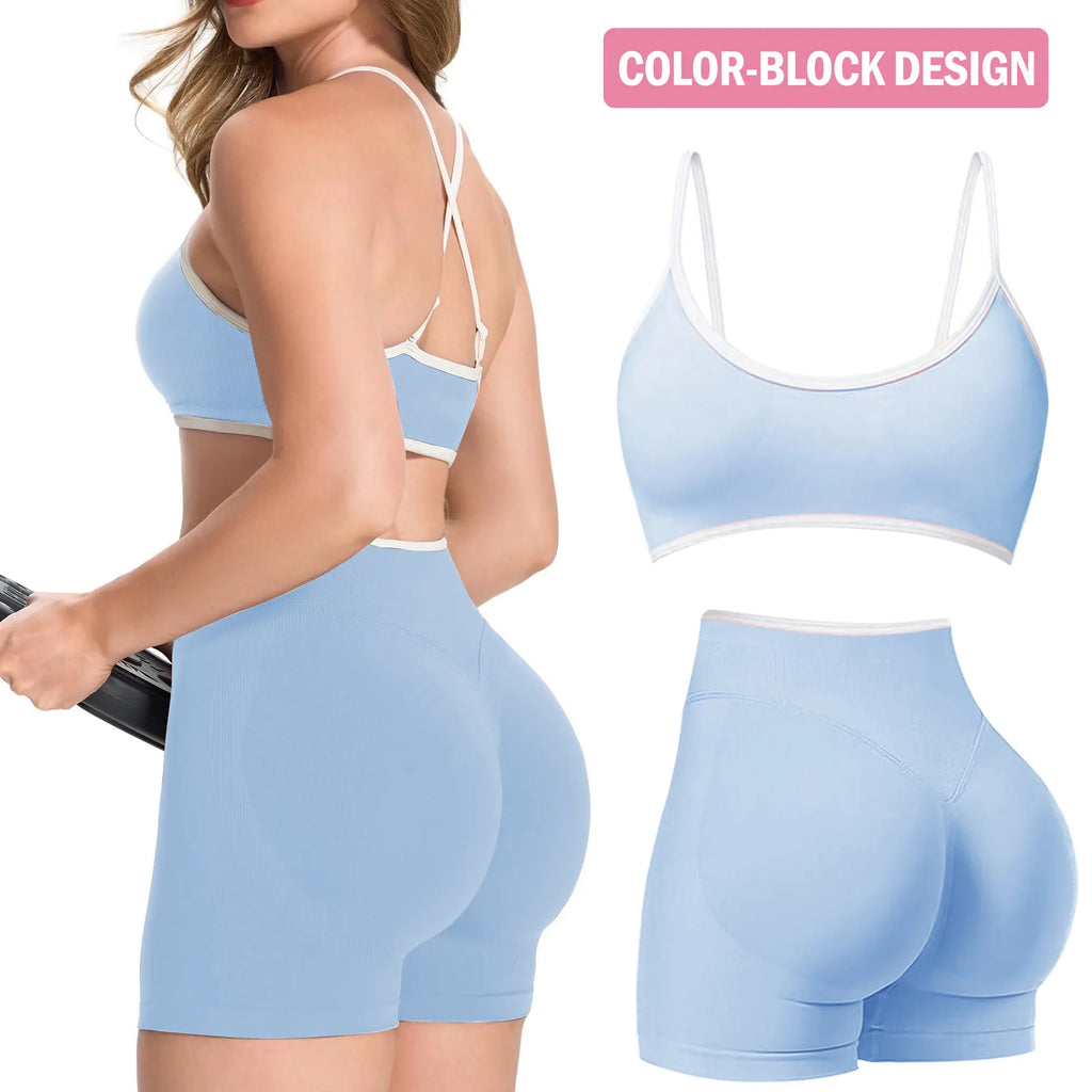 Jetjoy Women's 2-Piece Seamless Color Block Workout Set with Sports Bra and High Waist Scrunch Butt Lifting Shorts