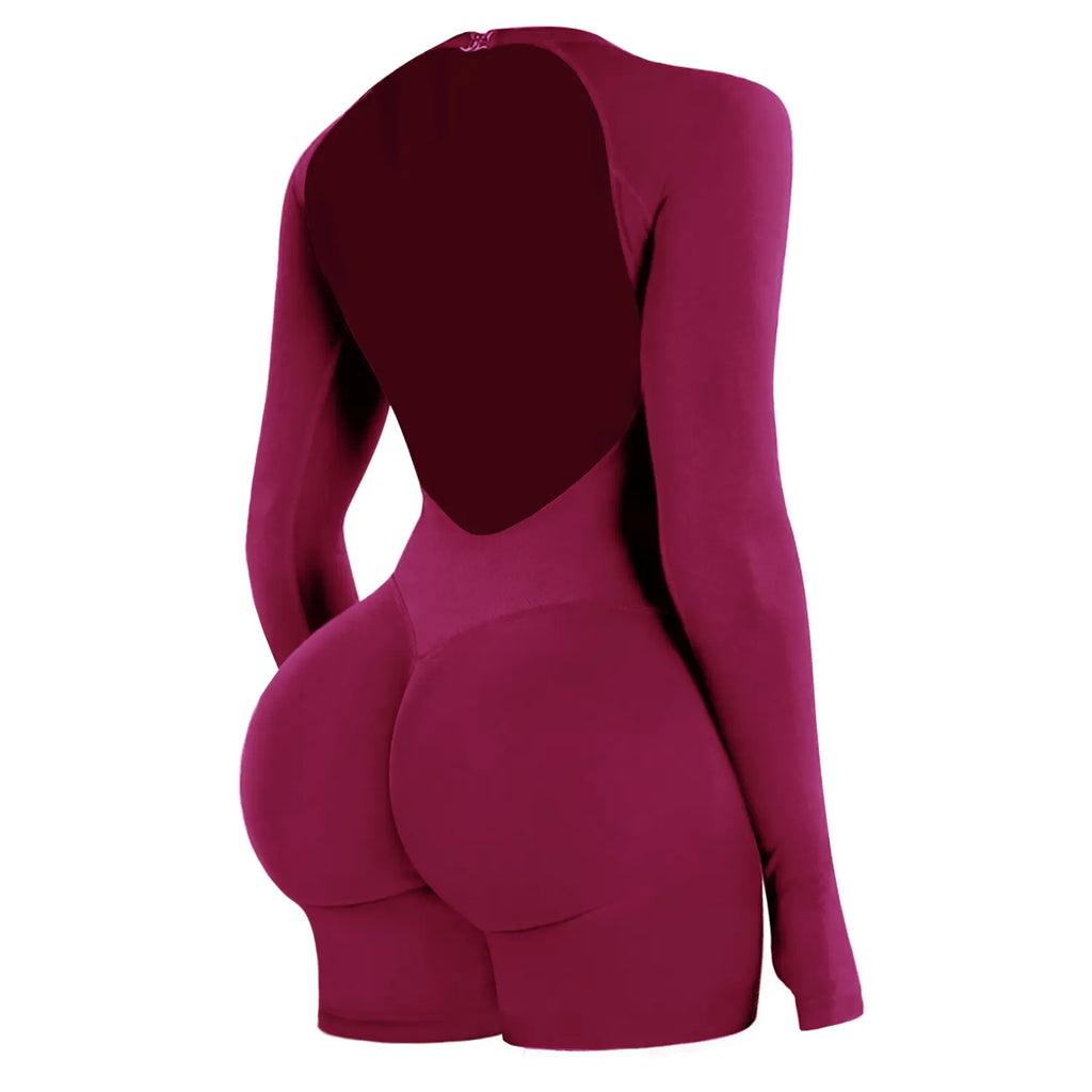 Jetjoy Women's Seamless Long Sleeve Backless Romper with Removable Sports Padding and Tummy Control for Yoga and Gym Workouts