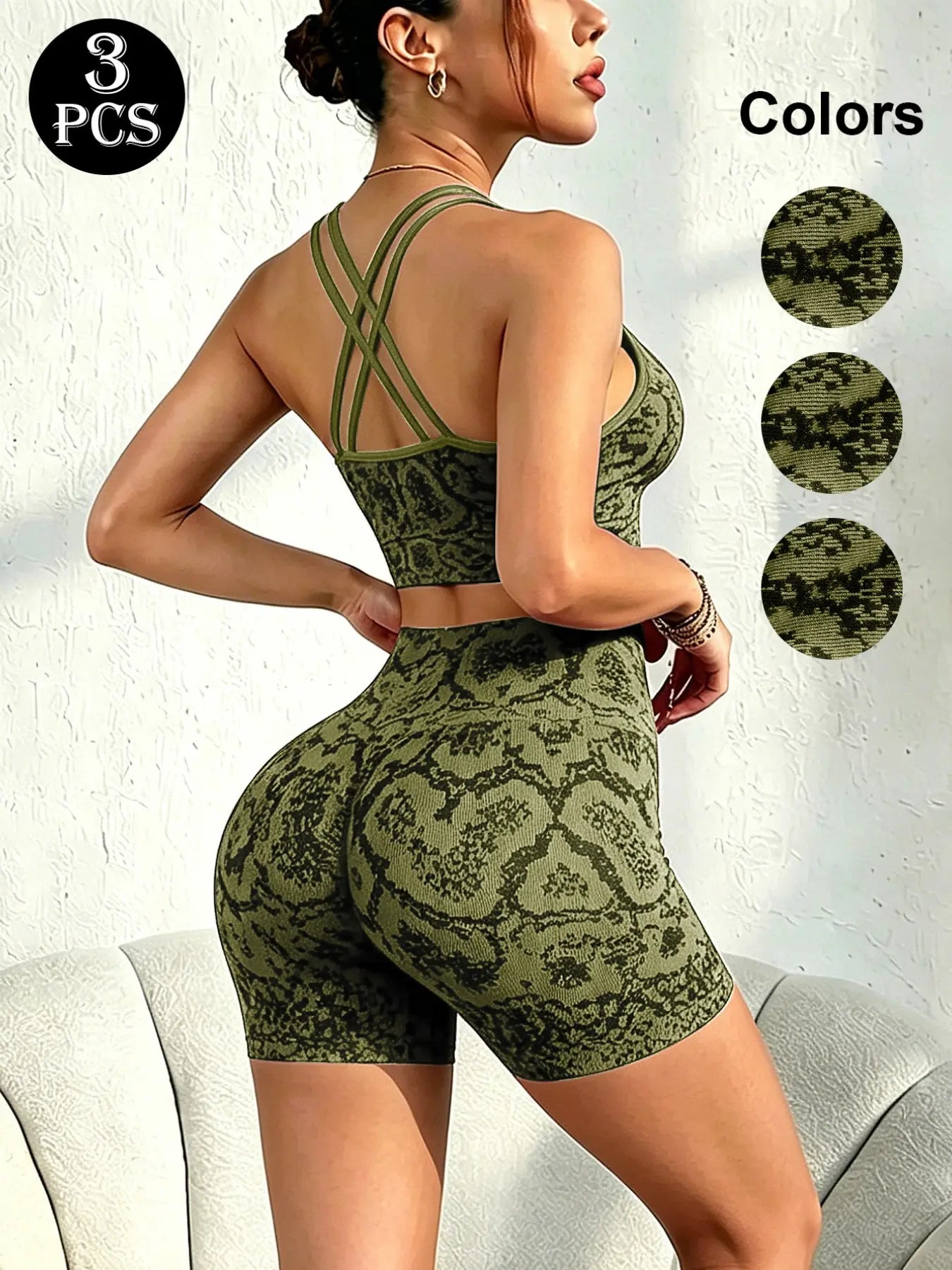Seamless Snakeskin Yoga Ensemble with High Waist Butt Lifter, Thin Straps Back Design, Full Coverage Push-Up Bra, Versatile All-Season Athleisure Activewear Set