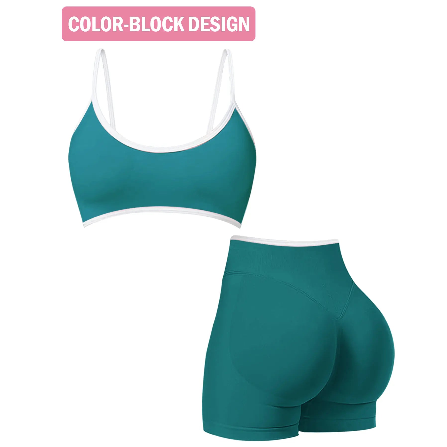 Jetjoy Women's 2-Piece Seamless Color Block Workout Set with Sports Bra and High Waist Scrunch Butt Lifting Shorts