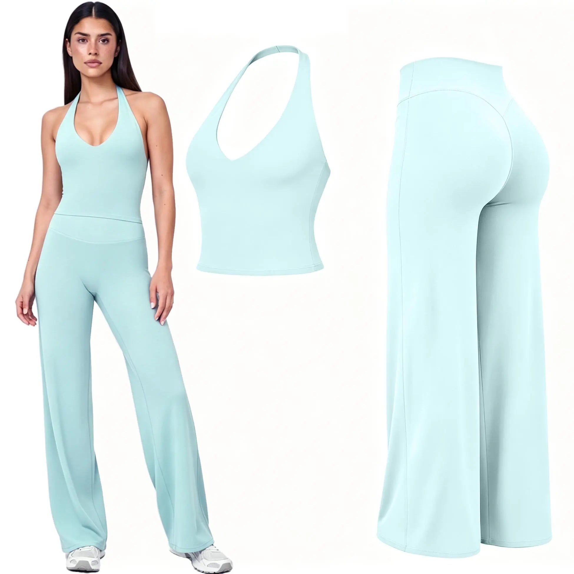 RICH BRIA SOFTMOTION Sports Set, Strappy Tank Top & Wide Leg Pants, Short Sleeve Crop Top , Yoga Sports Vest Workout Tops, Womens Fitness Activewear Gym Fashion Outdoor Gymwear Comfort Straight Leg Yoga Pants Matching Set