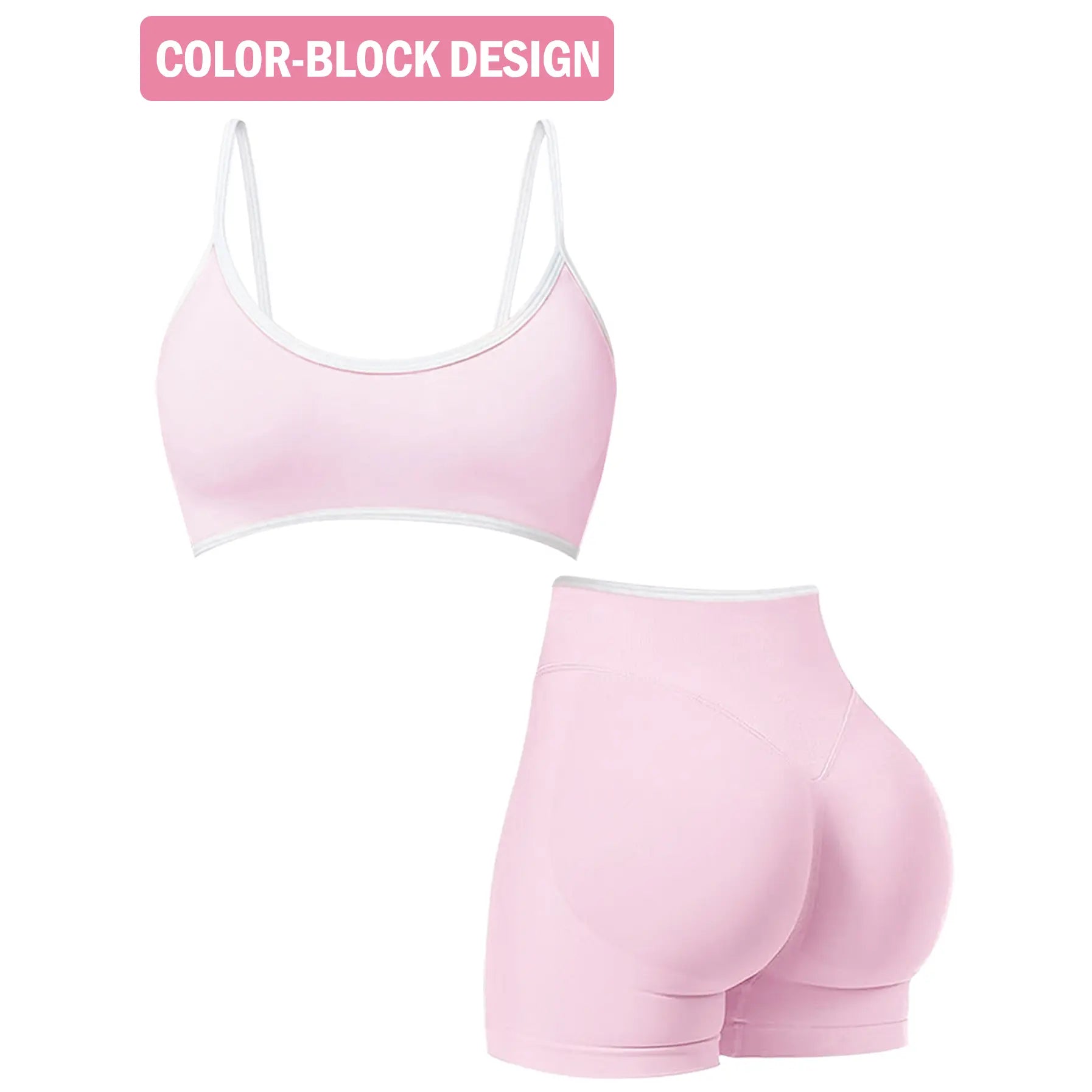 Jetjoy Women's 2-Piece Seamless Color Block Workout Set with Sports Bra and High Waist Scrunch Butt Lifting Shorts