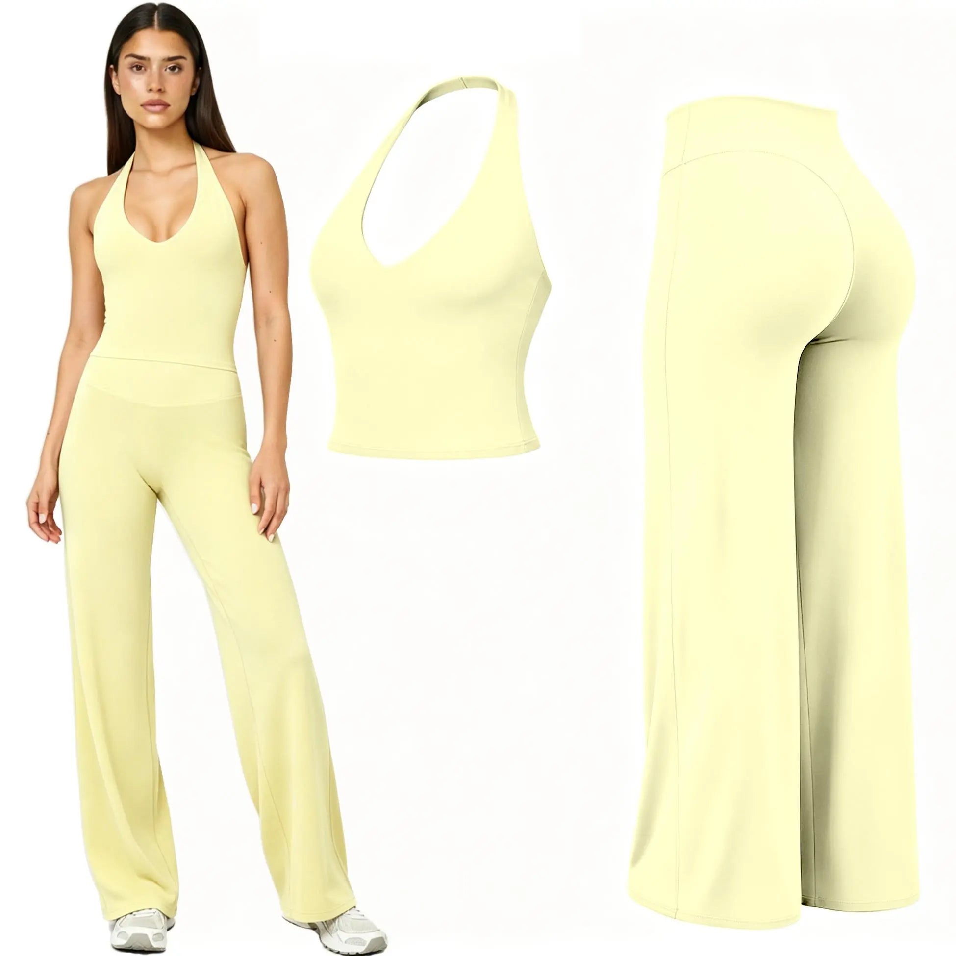 RICH BRIA SOFTMOTION Sports Set, Strappy Tank Top & Wide Leg Pants, Short Sleeve Crop Top , Yoga Sports Vest Workout Tops, Womens Fitness Activewear Gym Fashion Outdoor Gymwear Comfort Straight Leg Yoga Pants Matching Set