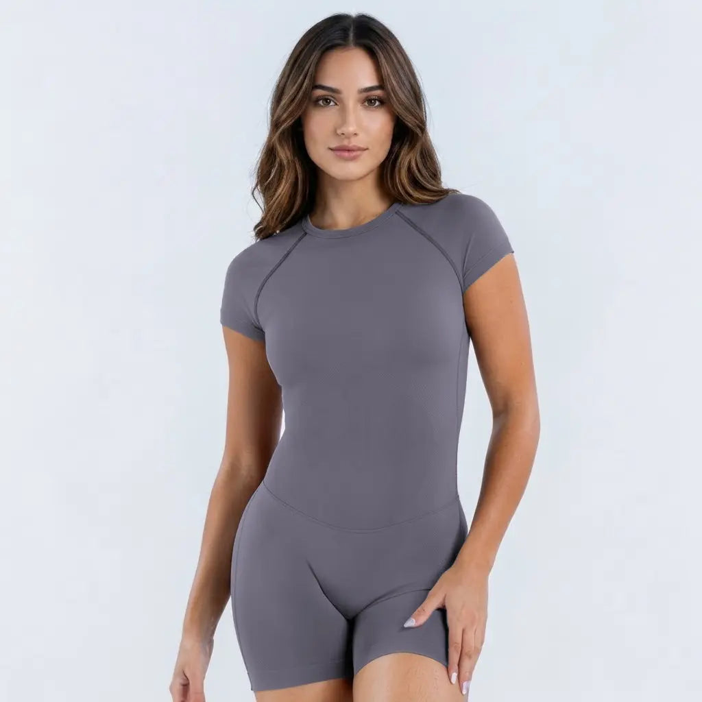 DEEFY Women's Seamless Short Sleeve One-Piece Workout Unitard with Tummy Control and Butt Lifting Features
