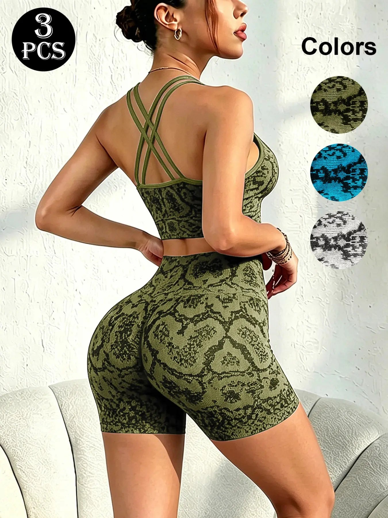 Seamless Snakeskin Yoga Ensemble with High Waist Butt Lifter, Thin Straps Back Design, Full Coverage Push-Up Bra, Versatile All-Season Athleisure Activewear Set